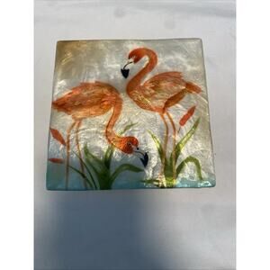 Kubla Craft Pink Flamingos 4” Capiz Shell Keepsake Box Beach Airbrush Iridescent